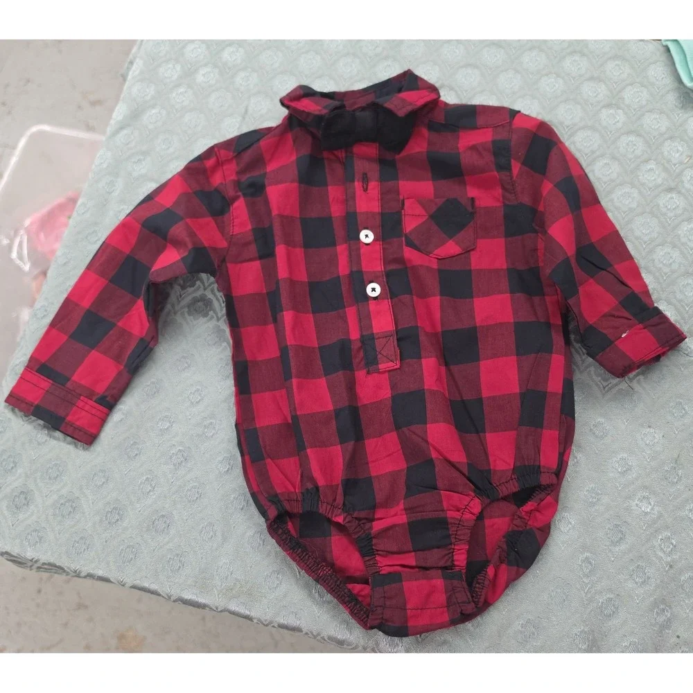 Mick Mack Ltd Baby Boy Buffalo Plaid Bow Tie Bodice Romper Red Black 6/9M